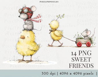 Cliparts d'animaux à l'aquarelle (PNG) | Graphismes fantaisistes de souris et de poussins