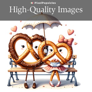 May include: Two pretzel characters, one with chocolate icing, sitting on a wooden bench under an umbrella. The pretzel on the right is wearing a pink dress and a bow, and is holding a bucket of popcorn. Hearts float in the air around them.