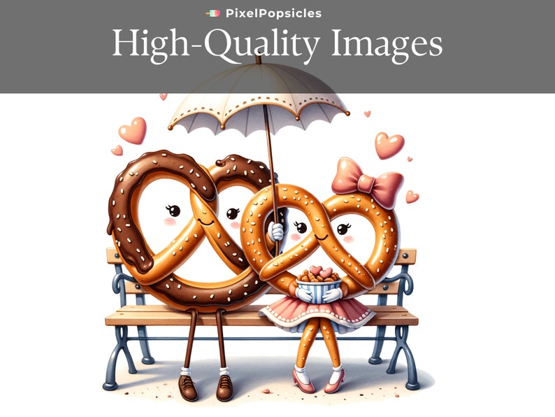 May include: Two pretzel characters, one with chocolate icing, sitting on a wooden bench under an umbrella. The pretzel on the right is wearing a pink dress and a bow, and is holding a bucket of popcorn. Hearts float in the air around them.