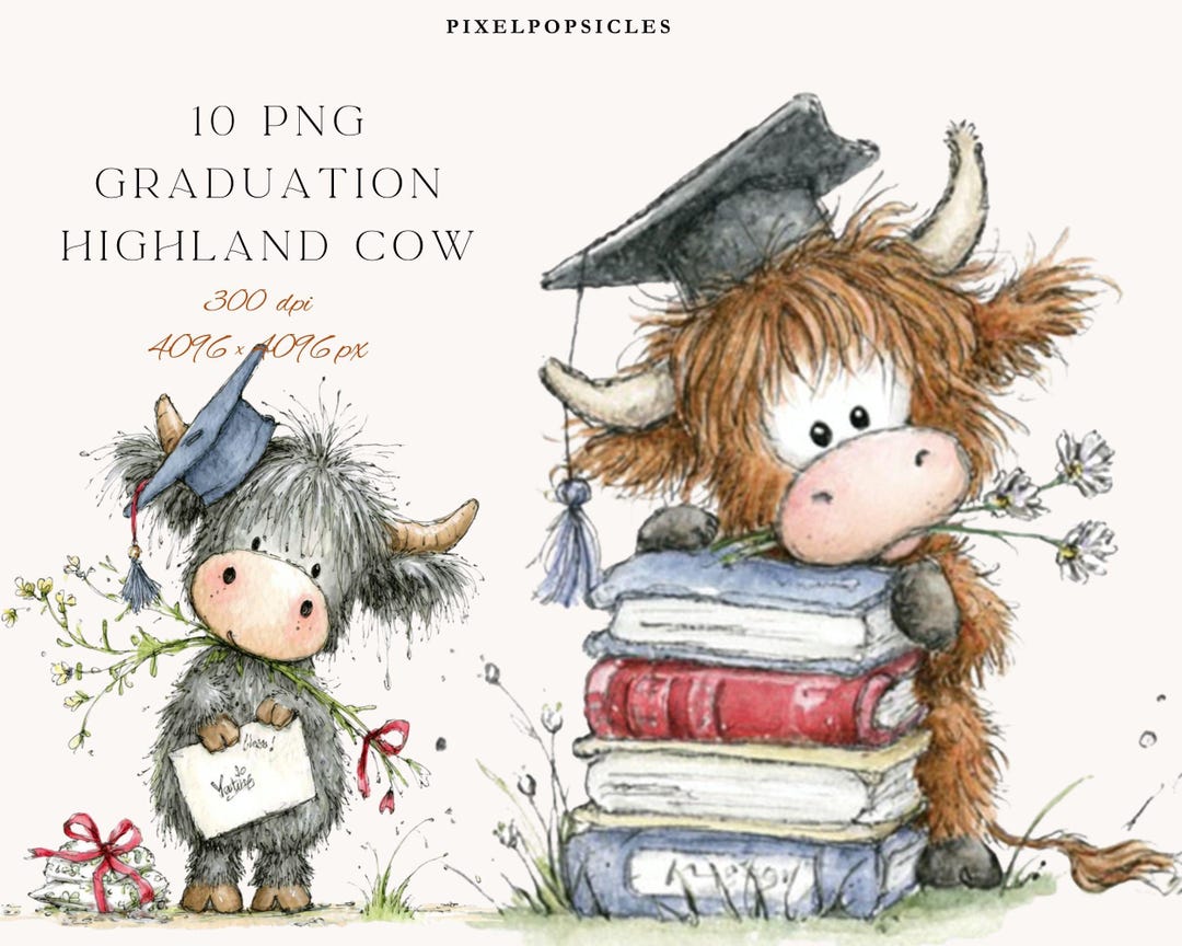 Graduation Highland Cow Clipart Set Watercolor Cows With Cap & Books ...