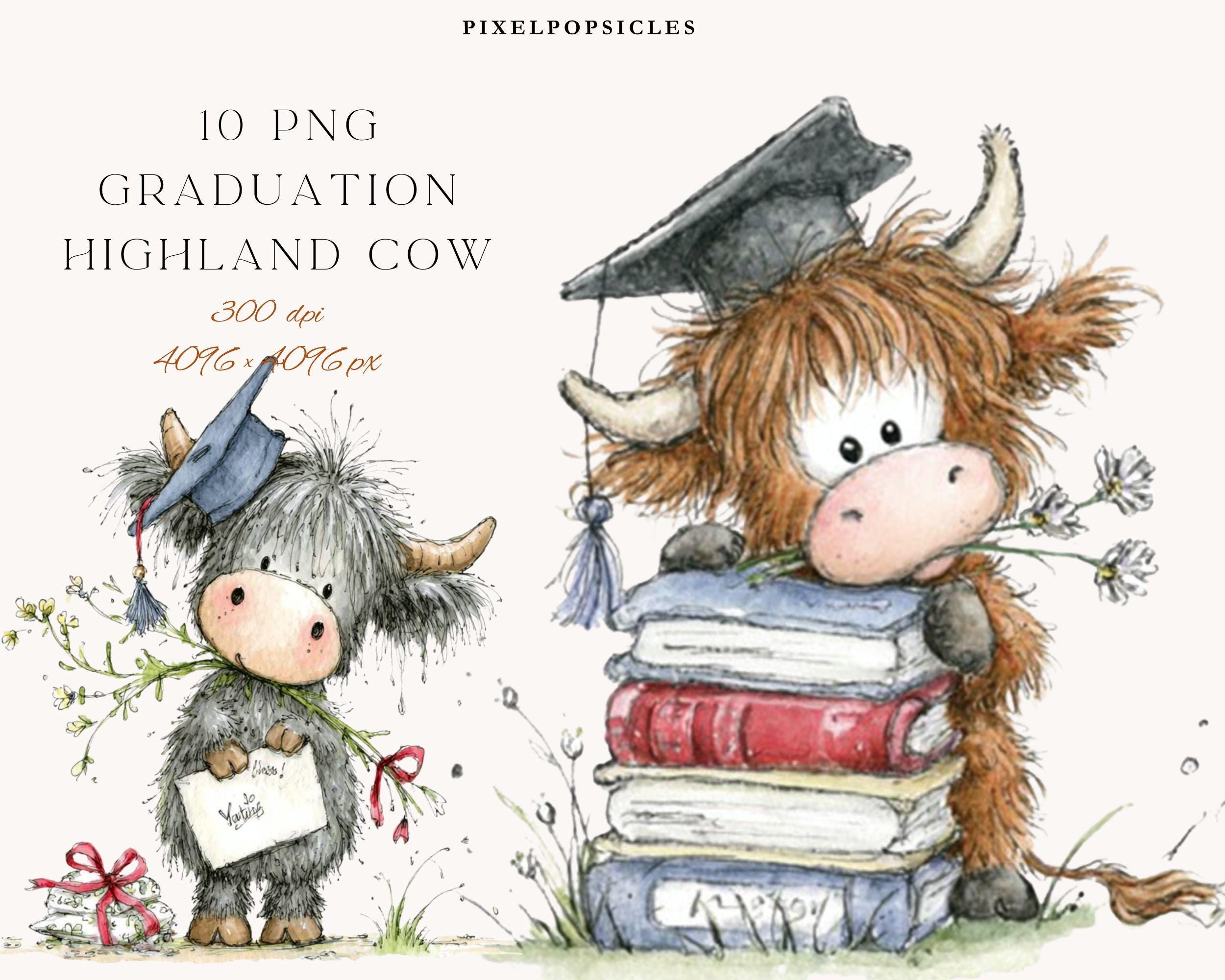 Graduation Highland Cow Clipart Set Watercolor Cows With Cap & Books ...