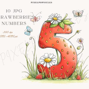 Watercolor Strawberries Number Clipart: Birthday png Set (Digital) 1#