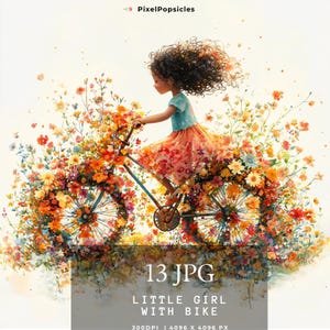 Può includere: Un'illustrazione colorata di una ragazza che va in bicicletta attraverso un campo di fiori. La bicicletta è fatta di fiori e la ragazza indossa una camicia blu e una gonna arancione.