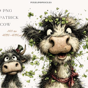 May include: A whimsical illustration of two cows, one large and one smaller, with black and white fur and expressive eyes. The larger cow is eating shamrocks and wearing a red scarf. The smaller cow wears a green hat. Text reads "19 PNG St. Patrick Cow".