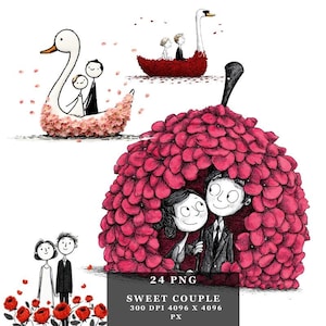24 Romantic Couple PNG Bundle Cute Love Cartoon Illustrations Wedding & Valentine Day Sublimation Clipart DTG  Printables, Instant Download