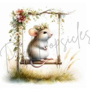 May include: A small, brown mouse with a white belly sits on a wooden swing. The mouse is wearing a flower crown and has its paws crossed. The swing is hanging from a branch with green leaves and pink flowers.