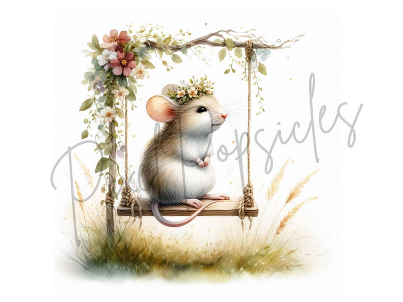 May include: A small, brown mouse with a white belly sits on a wooden swing. The mouse is wearing a flower crown and has its paws crossed. The swing is hanging from a branch with green leaves and pink flowers.