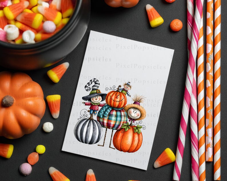 May include: A rectangular card featuring a whimsical illustration of three pumpkins with faces, wearing hats and scarves, surrounded by candy corn, a black bowl, and striped paper straws. The card has the text PixelPopsicles printed on it.