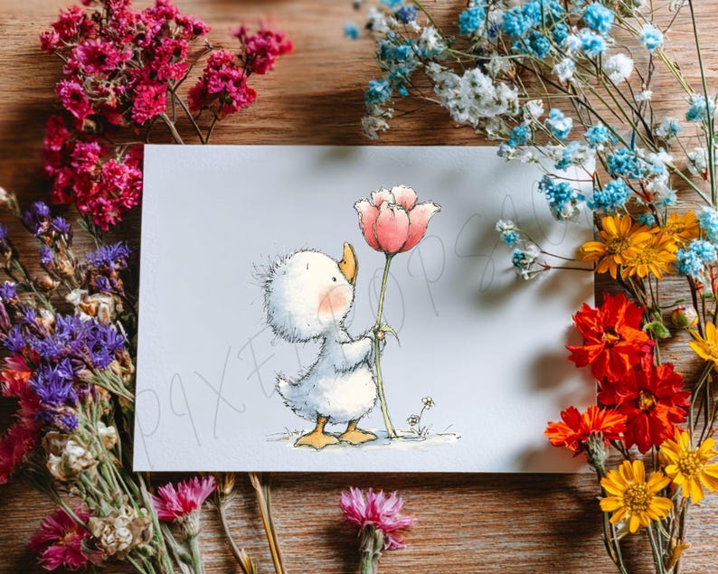 May include: A greeting card featuring a cartoon duckling holding a pink flower. The duckling is white with a yellow beak and feet, and a blush on its cheeks. The card is surrounded by dried flowers in various colors, including pink, blue, and yellow, on a wooden surface.