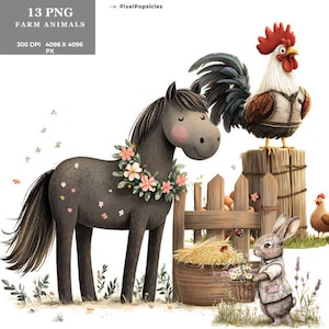 Farm  With Animals Clipart , 13 High Quality Images png Digital Download , Card Making Junk Journal , png Wall Art Bundle