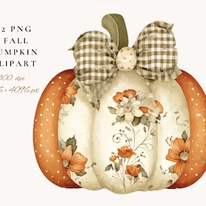 Könnte beinhalten: Aquarell-Illustration eines Kürbisses mit orangefarbenen und weißen gepunkteten Seiten. Der Kürbis hat eine cremefarbene Mitte mit floralen Akzenten und einer braun-weiß karierten Schleife. Text: "12 PNG Fall Pumpkin Clipart".