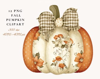 May include: Watercolor illustration of a pumpkin with orange and white polka dot sides. The pumpkin has a cream-colored center with floral accents and a brown and white checkered bow. Text reads "12 PNG Fall Pumpkin Clipart".