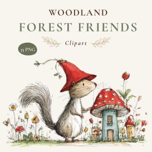Puede incluir: Conjunto de imágenes prediseñadas digitales titulado WOODLAND FOREST FRIENDS 35 PNG con una ilustración en acuarela de una ardilla con un sombrero rojo puntiagudo junto a una casa de hongos roja y blanca rodeada de flores.