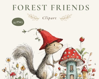 Images clipart d'animaux de la forêt, 35 PNG d'animaux champignons à l'aquarelle