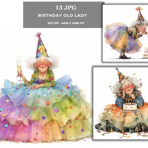 Quirky Girl with Birthday Hat Clipart - Buntes, wunderliches jpg Bundle, lustige digitale Kunst für Karten, Aufkleber, Sublimation und Print on Demand