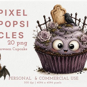 May include: A digital illustration of a purple cupcake with large eyes and a smiling mouth, topped with a tombstone, a black crow, and roses. The text reads PIXEL POPSICLES 20 png Halloween Cupcake PERSONAL & COMMERCIAL USE 300 dpi | 4096 x 4096 pixels.