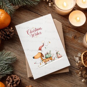 May include: A white greeting card featuring a brown dachshund wearing a red Santa hat, tangled in colorful Christmas lights, and carrying wrapped gifts. The text "Christmas Wishes" is printed in red script above the illustration.
