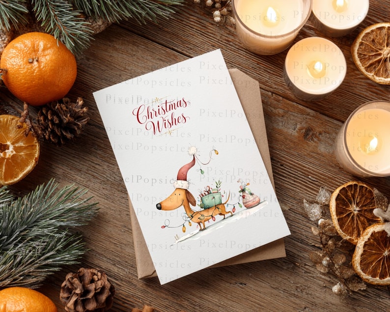 May include: A white greeting card featuring a brown dachshund wearing a red Santa hat, tangled in colorful Christmas lights, and carrying wrapped gifts. The text "Christmas Wishes" is printed in red script above the illustration.