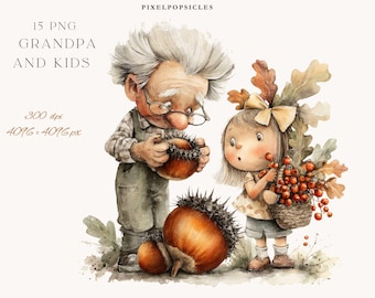15 Autumn Family Clipart PNG | Grandpa and Kids Watercolor Illustrations, Fall Storybook