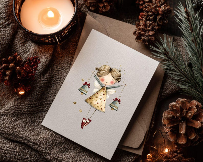 May include: A greeting card featuring a whimsical illustration of an angel holding bells. The angel wears a gold dress with heart patterns and red shoes. The card is set on a textured gray surface with a lit candle, pine cones, and greenery.