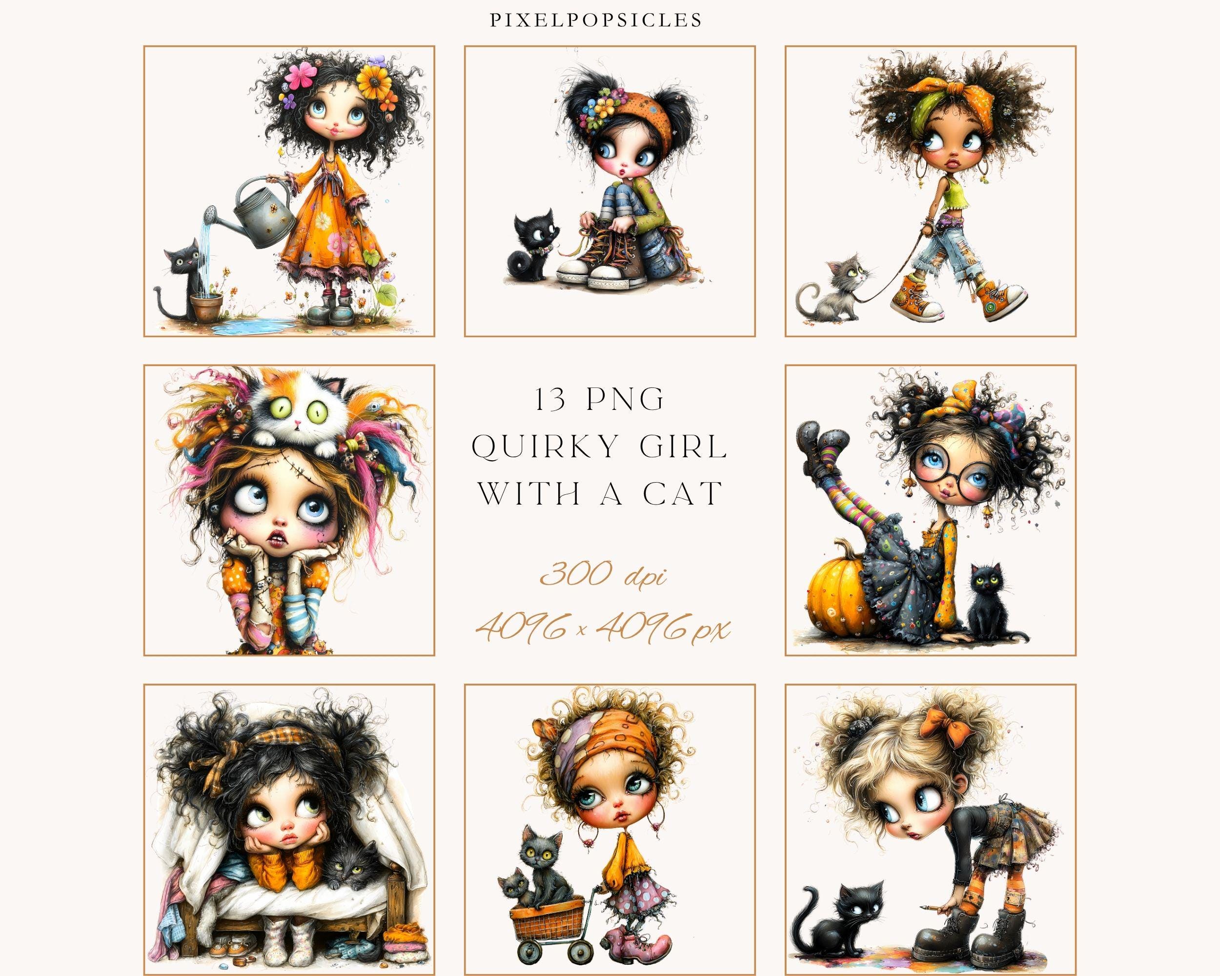 13 Png Quirky Girl With a Cat Clipart: Whimsical Digital Art (PNG) # - Etsy