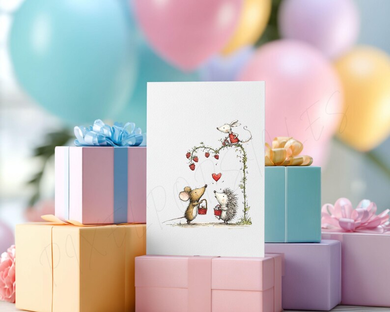 May include: A greeting card featuring a whimsical illustration of three mice and a hedgehog. The card shows a mouse holding a basket of strawberries, a hedgehog, and a mouse on top of a strawberry vine arch. Pastel-colored gift boxes and balloons are in the background.