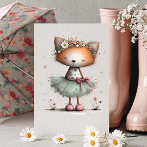 May include: A whimsical illustration of a fox character wearing a floral crown and a light green tutu. The fox is standing in front of a light gray background. A floral umbrella and pink rain boots are in the background.