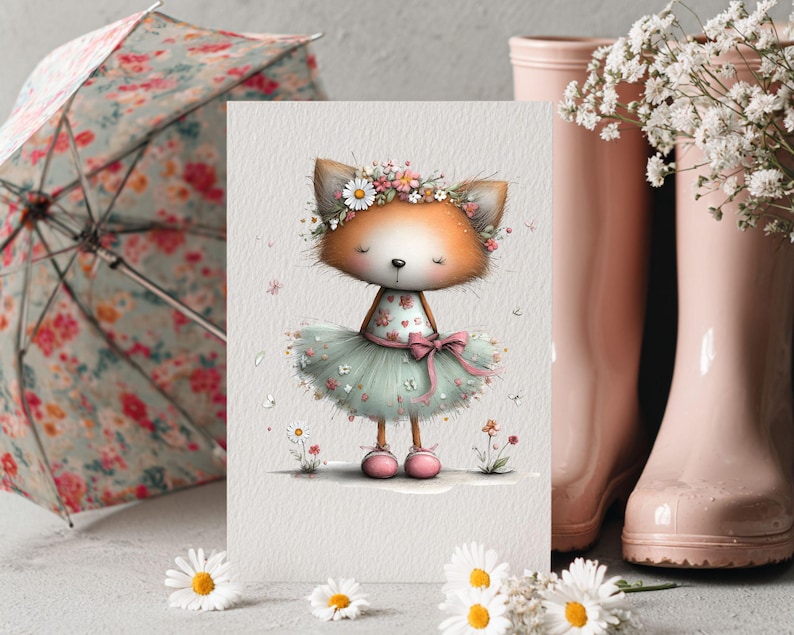 May include: A whimsical illustration of a fox character wearing a floral crown and a light green tutu. The fox is standing in front of a light gray background. A floral umbrella and pink rain boots are in the background.