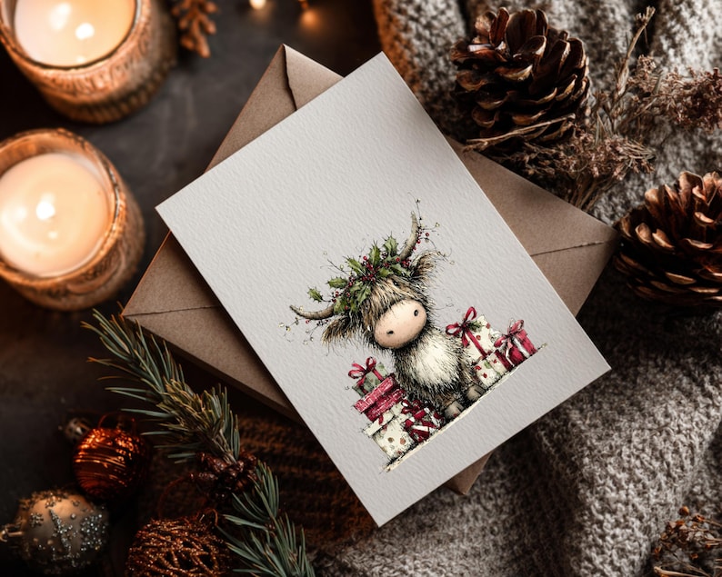 May include: A greeting card featuring a Highland cow illustration with a festive holly wreath and gifts. The card is on a brown envelope, with candles, pine cones, and ornaments in the background. A cozy, seasonal theme.