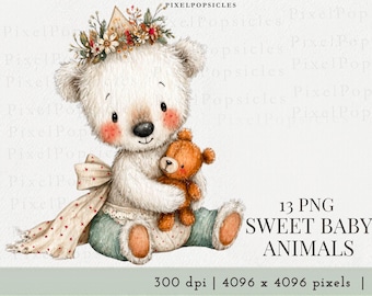 13 Watercolor Sweet Animals Clipart: Pngs (Digital Download)