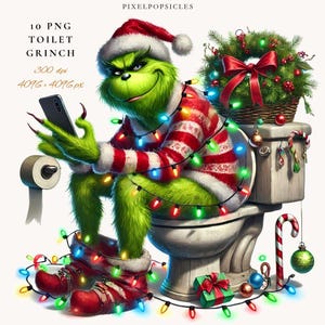 Op de afbeelding: Een digitale illustratie van de Grinch in een kerstmuts en gestreept outfit, zittend op een toilet en een smartphone gebruikend. De Grinch is omringd door kerstverlichting, een krans en een cadeau. Tekst op de afbeelding luidt "10 PNG TOILET GRINCH".