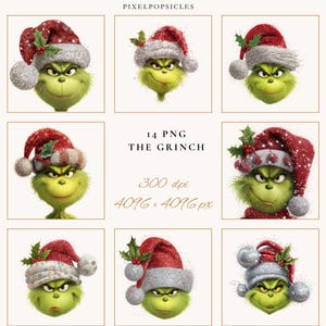Peut inclure: Neuf images num&eacute;riques du Grinch, chacune repr&eacute;sentant son visage portant un bonnet de P&egrave;re No&euml;l rouge et blanc avec des d&eacute;corations de houx. Les images sont pr&eacute;sent&eacute;es sur un fond neutre. Le texte sur l'image indique "14 PNG THE GRINCH 300 dpi 4096 x 4096 px".