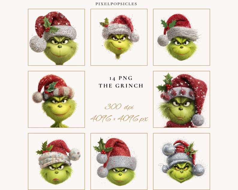 Peut inclure: Neuf images num&eacute;riques du Grinch, chacune repr&eacute;sentant son visage portant un bonnet de P&egrave;re No&euml;l rouge et blanc avec des d&eacute;corations de houx. Les images sont pr&eacute;sent&eacute;es sur un fond neutre. Le texte sur l'image indique "14 PNG THE GRINCH 300 dpi 4096 x 4096 px".