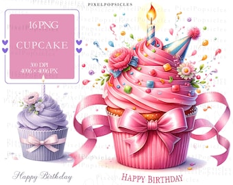 Birthday Cupcake Clipart – 16 PNGs, Commercial Use (Digital Download)