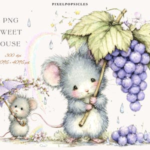 May include: A whimsical illustration features two gray mice, one holding a bunch of purple grapes and a large leaf, the other holding a purple umbrella. The image includes a rainbow, raindrops, and the text "13 PNG Sweet Mouse".