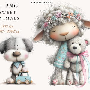 Clipart di animali da vivaio ad acquerello: orsetto, coniglietto, anatra, pecora (PNG, JPG, uso commerciale 1#)