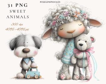 Watercolor Nursery Animals Clipart: Baby Bear, Bunny, Duck, Sheep (PNG, JPG, Commercial Use 1#