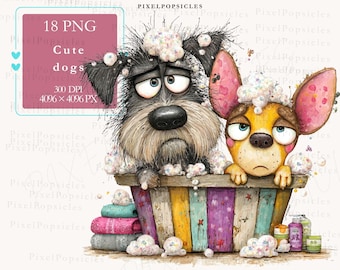 Illustrations de chiens à l'aquarelle : chiots fantaisistes, format PNG. Usage commercial autorisé.