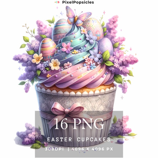 16 Glittering Easter Cupcake Clipart Png , Watercolor Cupcake Set, Dessert clipart, Happy Easter Cupcakes, Easter Cupcake Bundle