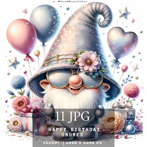Birthday Gnome Clipart, 11 JPG Watercolor, Junk Journal, Card Making, Gift Tag, Happy Birthday Gnomes , Digital Images Sublimation Printable