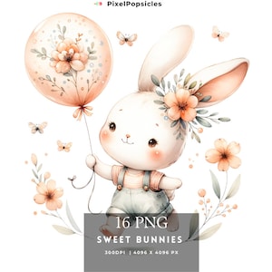 Bunny Balloon Floral PNG Clipart: Spring Nursery Decor (Commercial Use)