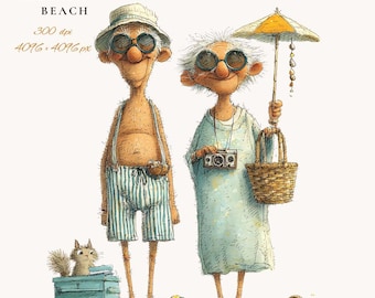 Puede incluir: Ilustración de dos ancianos en una playa, uno con una sombrilla y una cesta, el otro con pantalones cortos a rayas. Un gato está sentado en una caja azul. La imagen incluye el texto "21 PNG ELDERLY ON BEACH".