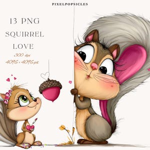 Könnte beinhalten: Digitale Illustration von zwei Cartoon-Eichhörnchen mit großen Augen und flauschigen Schwänzen. Eines der Eichhörnchen hält ein herzförmiges Objekt, das andere lugt hinter einer weißen Oberfläche hervor. Das Bild enthält den Text "13 PNG SQUIRREL LOVE".