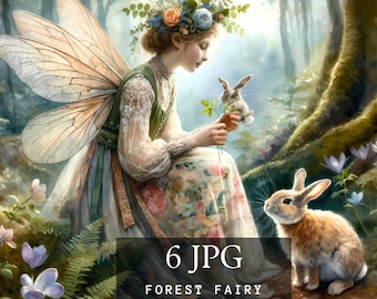 Fairy Clipart, Forest Watercolor JPG Set, Fairies Digital Download, Fairy Illustration for Scrapbooking, Paper Craft, Junk Journal