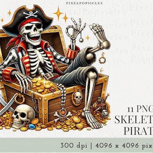 Może przedstawiać: Kreskówka przedstawiająca szkielet pirata siedzącego w skrzyni skarbów wypełnionej złotymi monetami i klejnotami. Pirat ma na sobie czarny kapelusz, czerwoną bandanę i pasiastą kurtkę. Widoczny jest również miecz i czaszka.