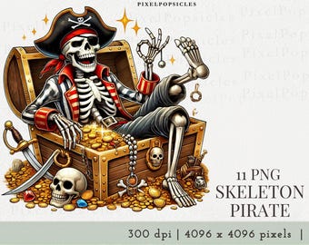 Skeleton Pirate Clipart: Treasure Chest PNG, Halloween Nautical Art (Digital Download)