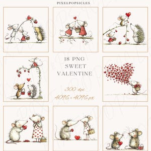 May include: A collection of whimsical illustrations featuring mice and a hedgehog in various romantic scenes. The images include hearts, baskets, and a vine with heart-shaped berries. Text reads "18 PNG Sweet Valentine".