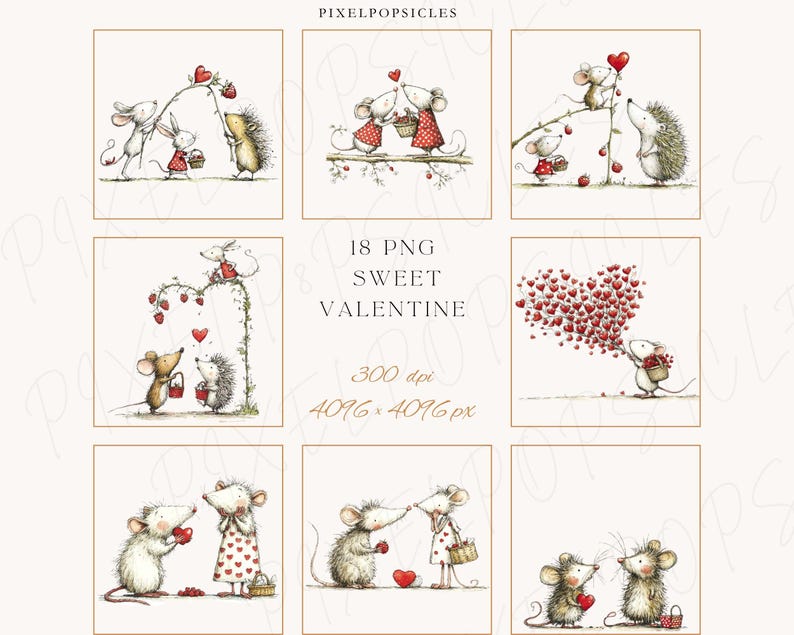 May include: A collection of whimsical illustrations featuring mice and a hedgehog in various romantic scenes. The images include hearts, baskets, and a vine with heart-shaped berries. Text reads "18 PNG Sweet Valentine".