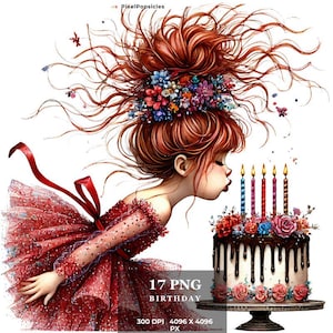 Quirky Girls with Birthday Cake Clip Art - 14 High-Res Watercolor JPGs on White Background | Fantasy Whimsical Designs for Junk Journaling.