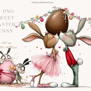 May include: A charming Easter-themed illustration with bunnies and an Easter egg. Two bunnies are kissing beneath a chocolate egg, while others are near a pink egg. The image includes text that reads "13 PNG Sweet Easter Bunny".